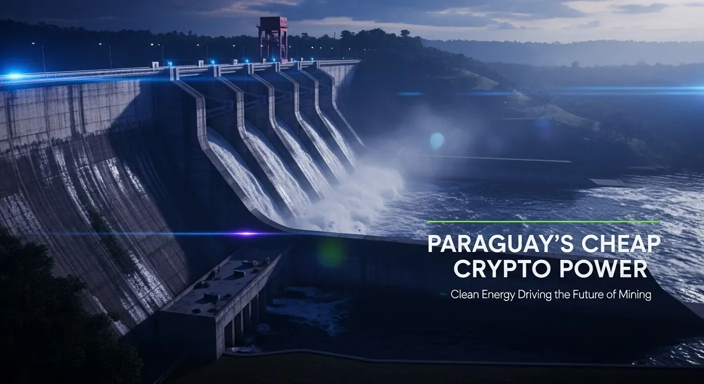 Hydroelectric dam at night with water gushing and blue and red lights, highlighting clean energy for crypto mining.