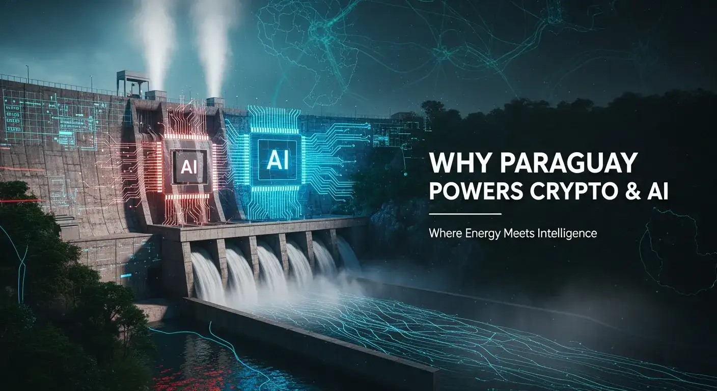 Concrete dam with glowing red and blue AI circuit squares and digital brain, symbolizing crypto and AI energy convergence.
