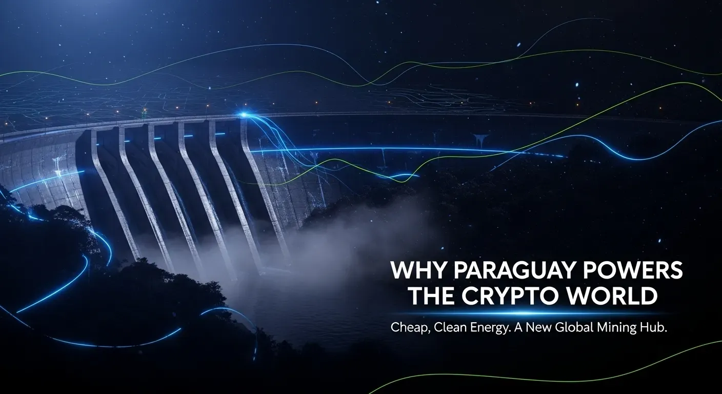 Night view of a blue-lit dam with energy trails representing crypto power, text reads “Why Paraguay Powers the Crypto World.”