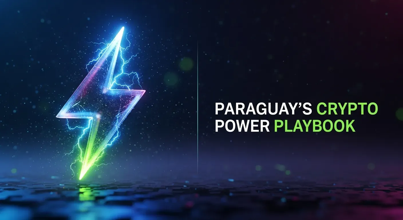Neon lightning bolt glowing pink, blue, and green over a digital grid with vibrant text “Paraguay’s Crypto Power Playbook.”