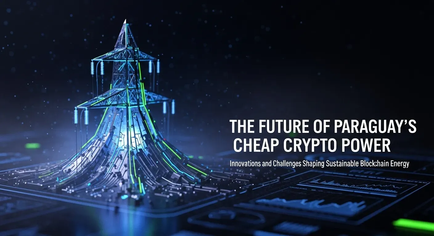 Glowing blue-green power transmission tower with digital circuit network on dark background, highlighting crypto energy innovation.