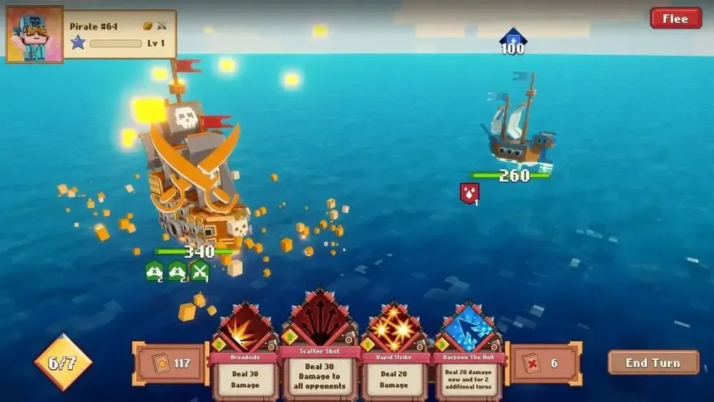 Colorful 3D pirate ship battle scene from a blockchain game, showing health bars, attack cards like Broadside and Harpoon, and turn-based strategy combat on the open ocean.