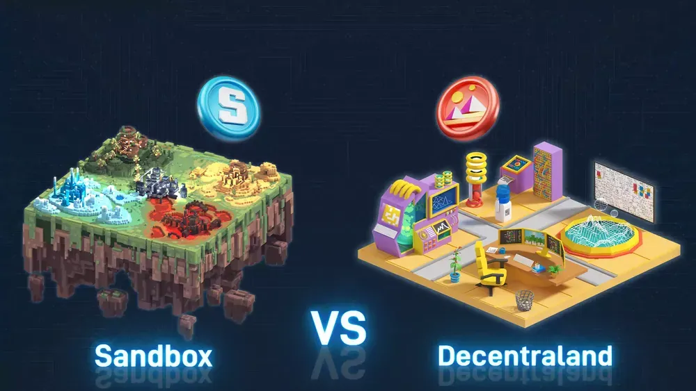 Illustrated comparison of Sandbox and Decentraland metaverse platforms, showing Sandbox as a voxel-style floating island and Decentraland as a digital office and arcade scene with crypto logos.