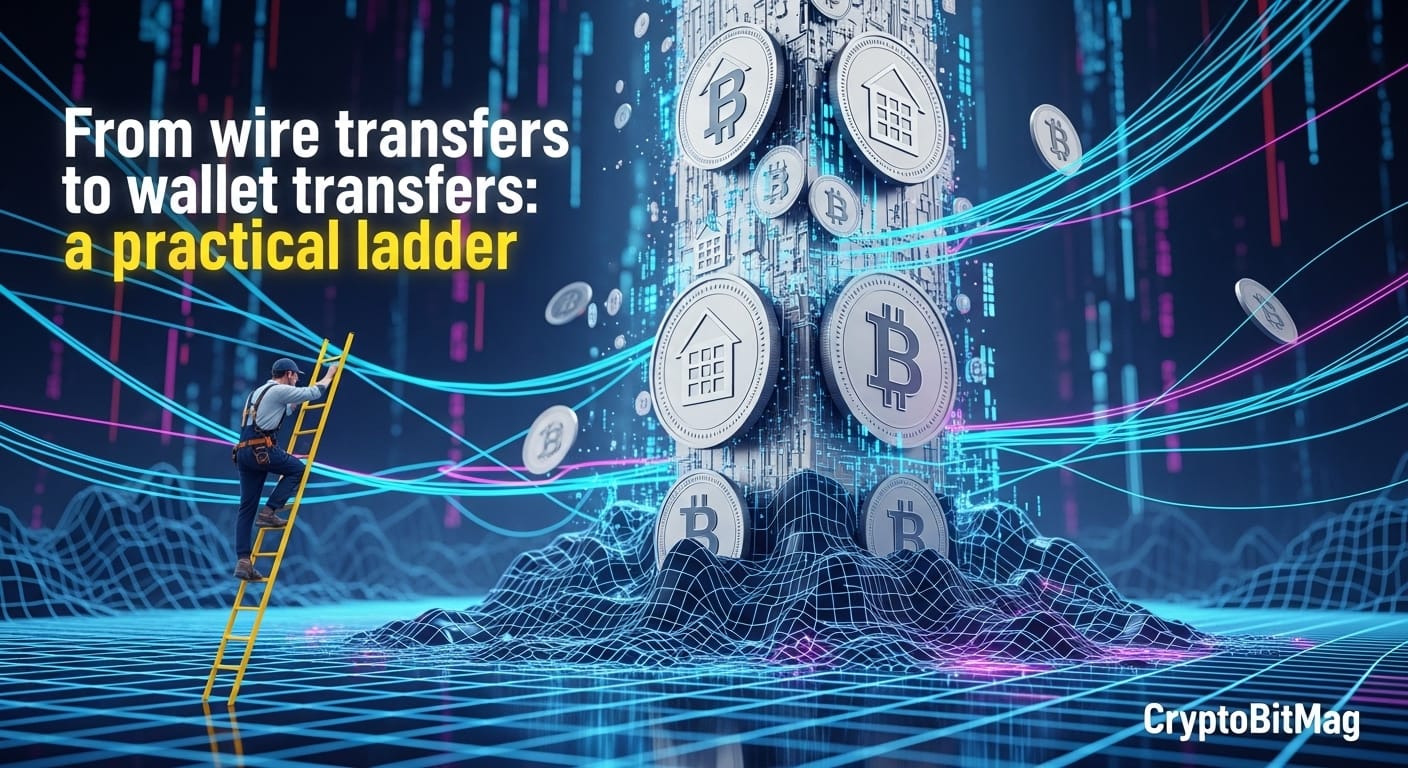 Visual upgrade path from legacy wiring to wallet rails—technician ascends as network lines replace old payment infrastructure.
