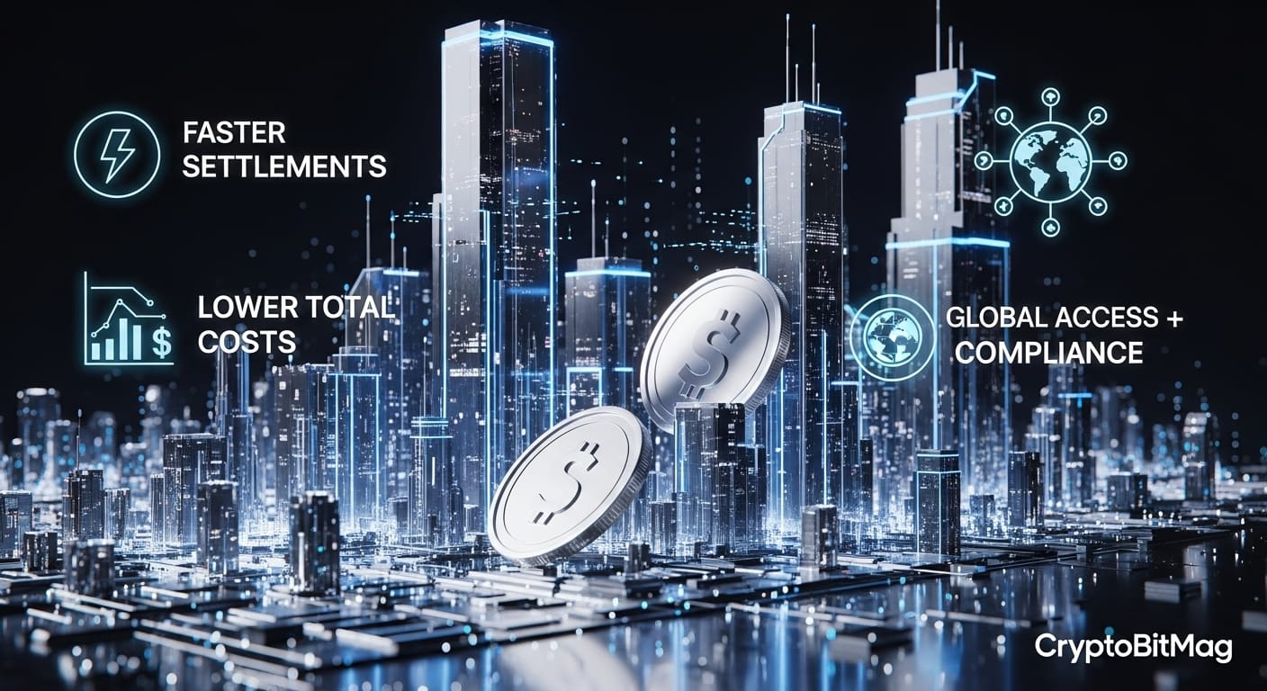 Clean benefits collage summarizing the value of stablecoins in tokenized real estate: faster settlement, cost efficiency, and compliant global reach.