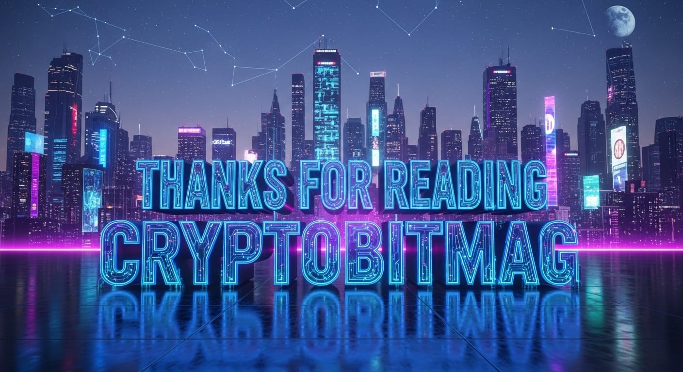 Branded end-card with neon typography over a cyber cityscape to close the article, reading "Thanks For Reading CryptoBitMag" in bold digital type.