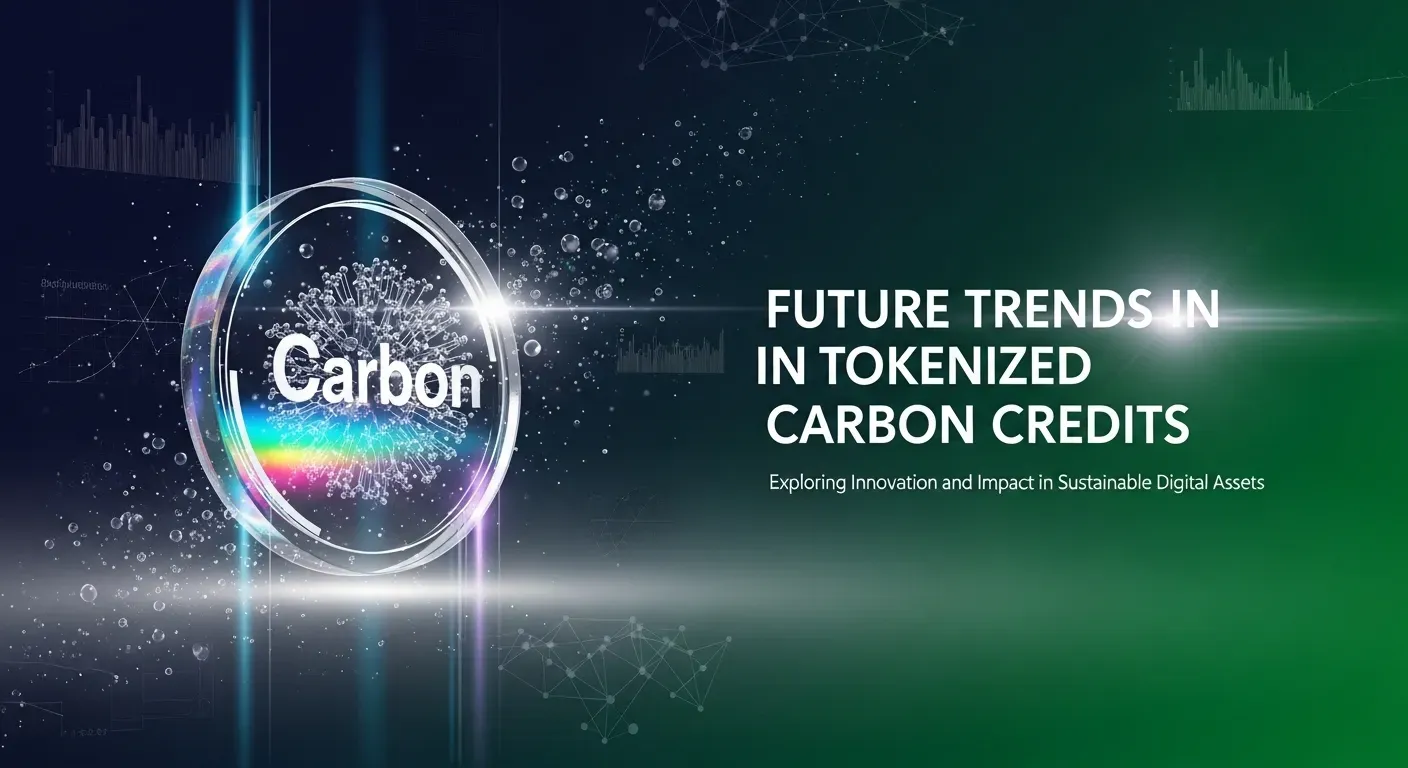 Metallic emblem with glowing data lines, showing blockchain and carbon credit trends.