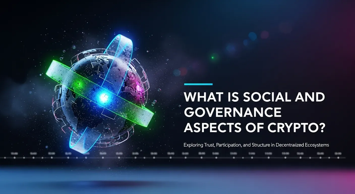 Glossy globe with rotating turquoise and lime green rings, glowing cyan center, cosmic digital background. Text: "What Is Social and Governance Aspects of Crypto?"
