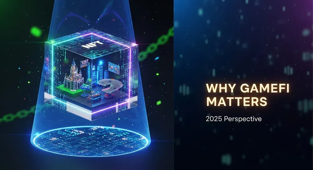 Futuristic holographic cube labeled “NFT” showcasing a castle, cityscape, and racetrack, symbolizing blockchain gaming’s value, with the text “Why GameFi Matters – 2025 Perspective.”