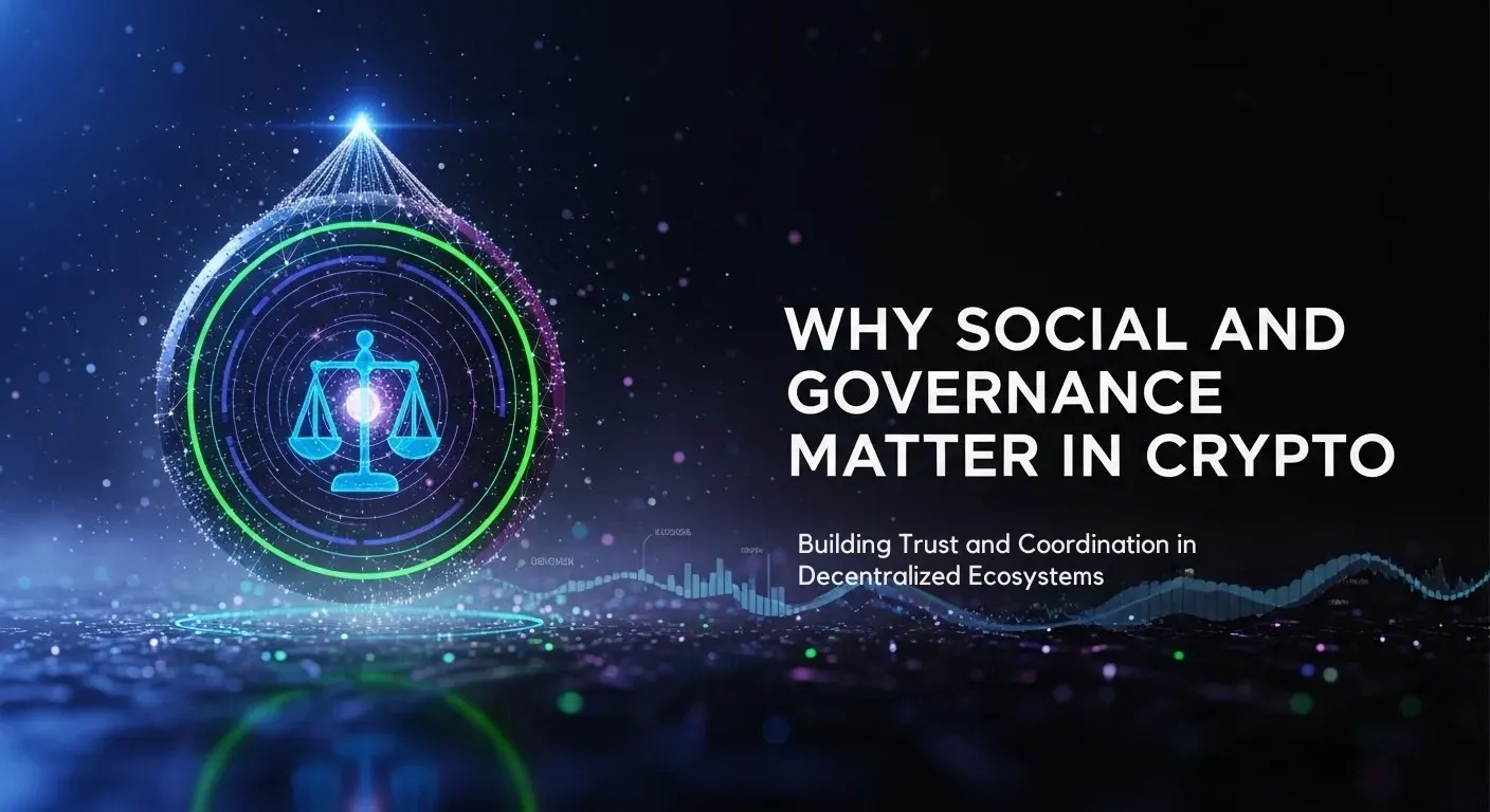 Glowing cyan and green sphere with Libra scale inside, above a dark digital data landscape with network points and charts. Text: "Why Social and Governance Matter in Crypto."