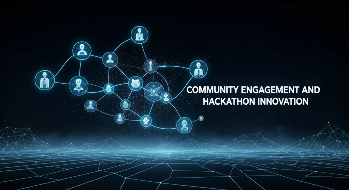 A vibrant human network emerges from glowing nodes and collaborative paths, symbolizing builders and community energy. Light pulses move between participants, expressing co-creation and rapid prototyping. The bold headline on the right makes the visual perfect for hackathons and innovation showcases.