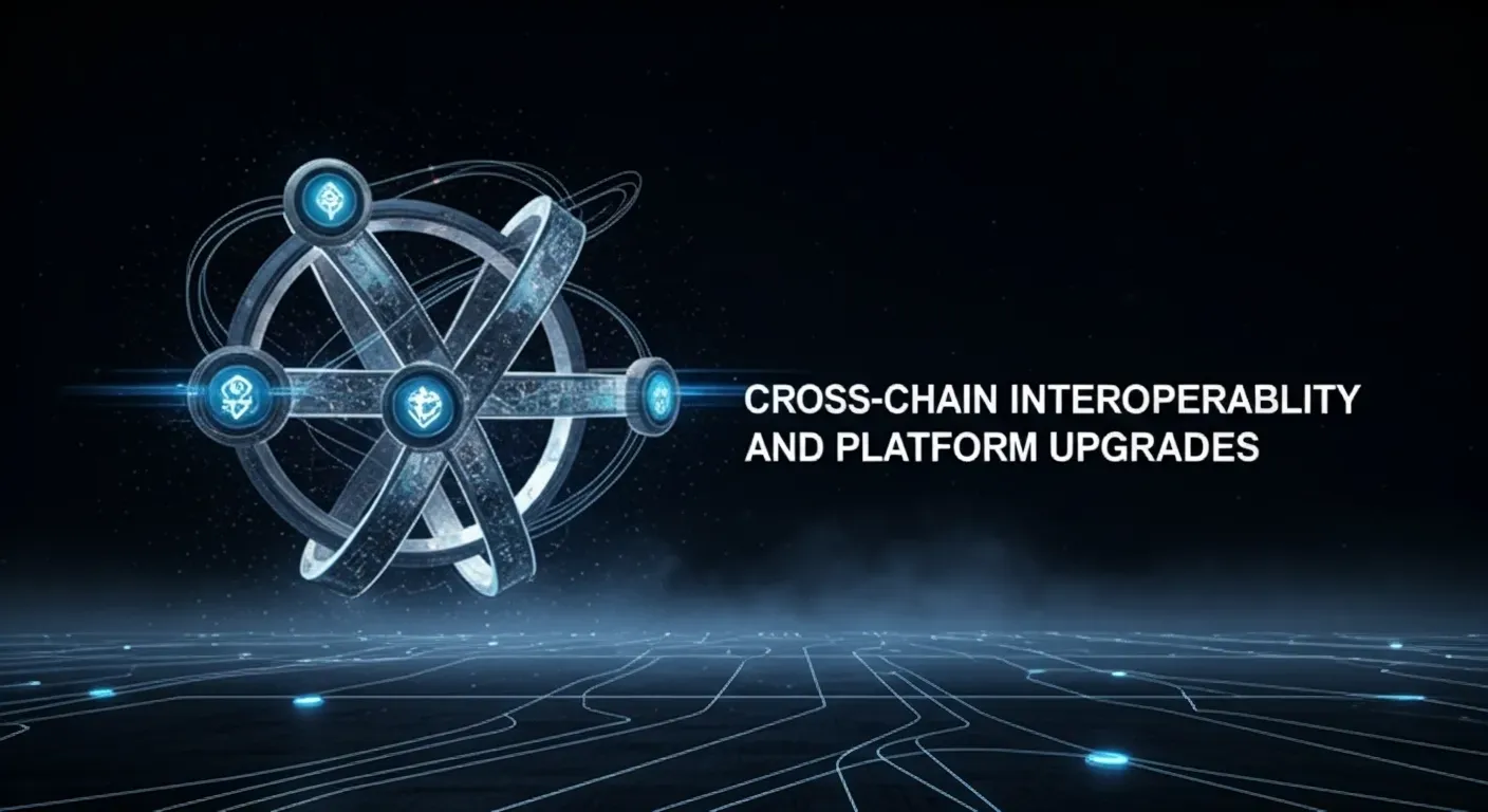 Interlinked metallic rings and dynamic arcs of light represent networks of blockchains connecting seamlessly. The composition feels alive with pulses of data moving between nodes, suggesting technological advancement and upgrades. Sleek typography and deep cosmic tones emphasize cutting-edge infrastructure.