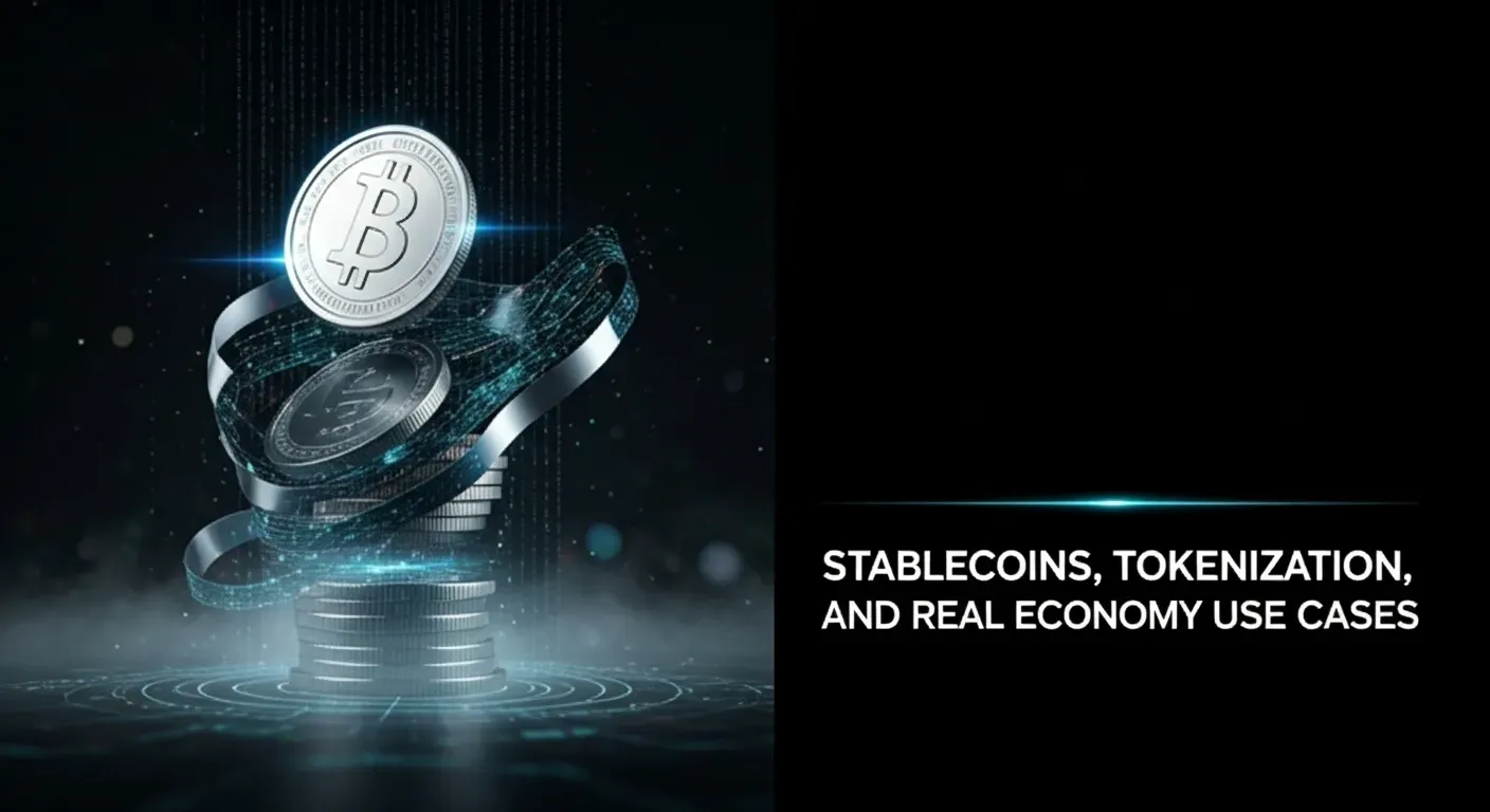 A stack of futuristic coins fused with digital data ribbons conveys the bridge between stablecoins and real-world financial applications. Soft glows, liquidity waves, and subtle transaction paths create a sense of motion and trust. The clean, cinematic headline placement makes it ideal for economic and fintech storytelling.
