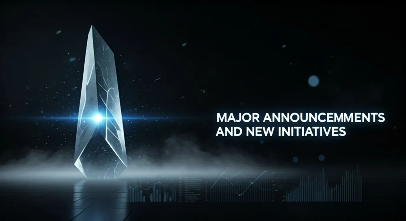 A cinematic, hyper-minimalist hero shot with a futuristic 3D monolith acting as the central anchor. Metallic and frosted textures glow softly amid mist, micro-particles, and subtle bokeh lights. Bold typography on the right balances the scene with a clean, tech-driven feel ideal for product or event updates.