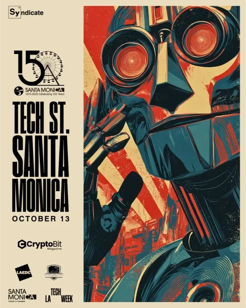 Robot face close-up with red eyes in Tech St. Santa Monica 2025 poster for October 13 crypto tech conference.