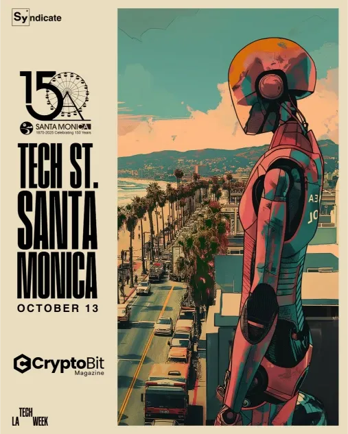 Robot viewing Ocean Avenue in Tech St. Santa Monica 2025 poster, celebrating Santa Monica 150th with crypto and tech.