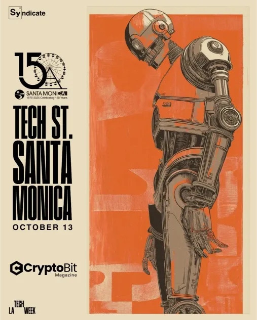 Side-view robot on orange in Tech St. Santa Monica 2025 poster for LA Tech Week crypto tech event.
