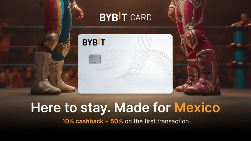 At the center is a sleek, white credit/debit card with the Bybit logo on it, stylized with the letters "BYB" in black and "IT" in orange.