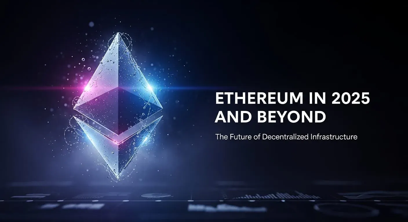 Futuristic Ethereum crypto logo with glowing pink and blue crystal-like facets on a dark digital background, accompanied by bold white text reading "Ethereum in 2025 and Beyond"