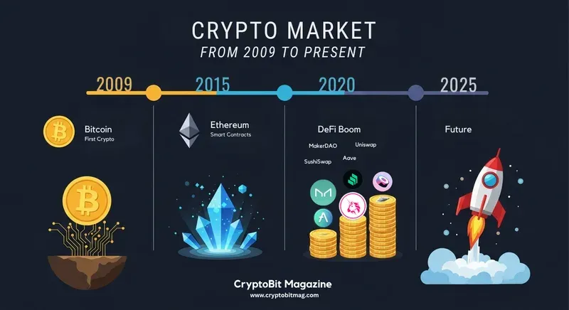 Infographic of cryptocurrency evolution timeline, highlighting key events from 2009 to 2025.