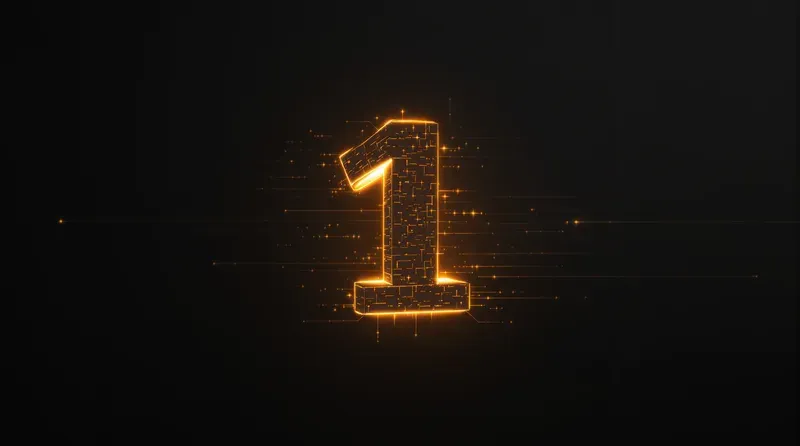 Glowing orange digital number bitcoin 1 block with pixel texture and light trails on black background