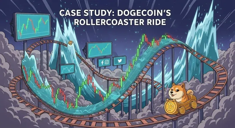 Cartoon-style Shiba Inu riding a Bitcoin-shaped rollercoaster on a fluctuating financial chart, symbolizing Dogecoin market volatility
