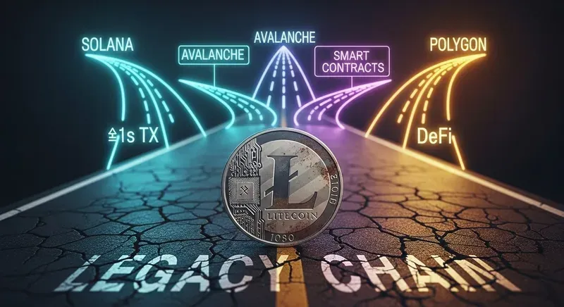 Digitally rendered Litecoin coin on a cracked, dark gray surface with glowing pathways extending toward Solana, Avalanche, Polygon, and Smart Contracts. “LEGACY CHAIN” glows in green on the ground, emphasizing Litecoin’s foundational role in crypto history.