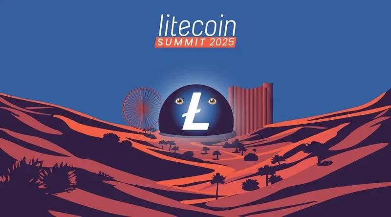 Stylized desert landscape at dusk with a glowing dark blue sphere featuring the white Litecoin Ł logo and cartoon eyes, flanked by a Ferris wheel and tall building. “Litecoin Summit 2025” text appears above in white and orange against an indigo sky, with silhouetted hills, palm trees, and futuristic scenery.