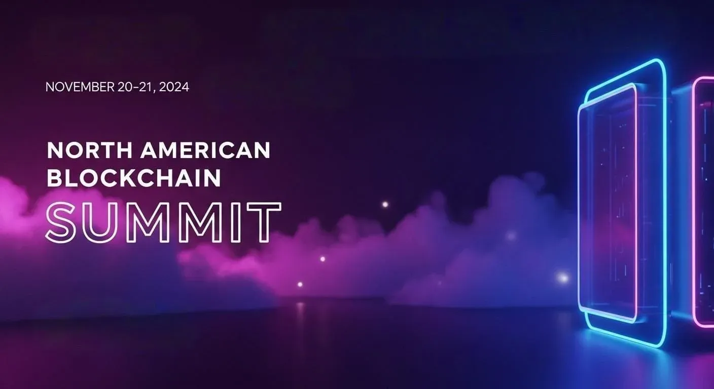 North American Blockchain Summit 2024 digital event poster with neon purple and blue gradients, glowing device outlines, and futuristic background