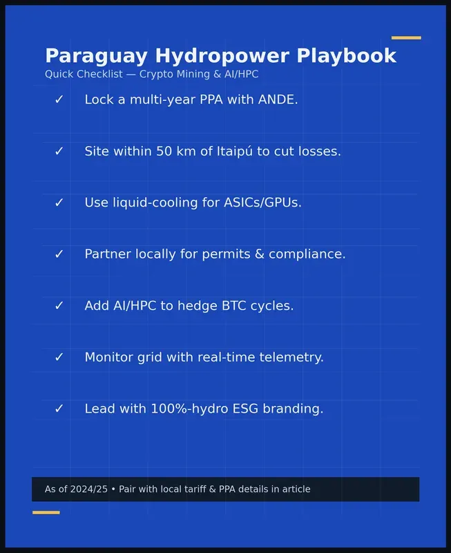 Paraguay Hydropower Playbook — Quick Checklist — Crypto Mining & AI/HPC,” on a blue grid background. Seven bullets: (1) Lock a multi-year PPA with ANDE. (2) Site within 50 km of Itaipú to cut losses. (3) Use liquid-cooling for ASICs/GPUs. (4) Partner locally for permits & compliance. (5) Add AI/HPC to hedge BTC cycles. (6) Monitor grid with real-time telemetry. (7) Lead with 100%-hydro ESG branding. Footer reads: “As of 2024/25 • Pair with local tariff & PPA details in article.