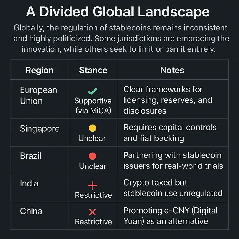Infographic table comparing global stablecoin regulations, showing supportive, unclear, and restrictive stances in regions like the EU, Singapore, Brazil, India, and China, with notes on policies and requirements.