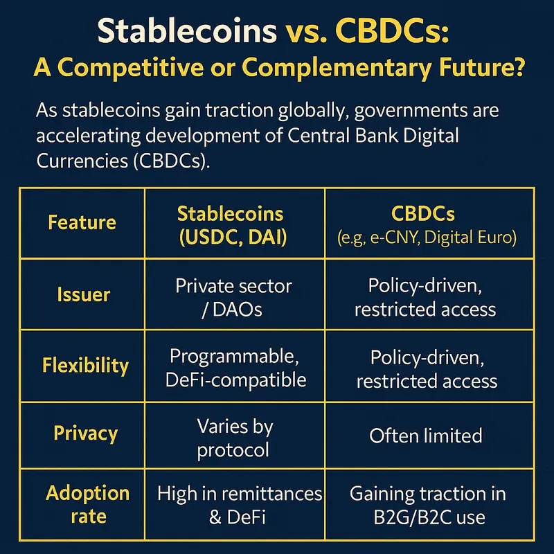 Digital infographic comparing key features of stablecoins like USDC and DAI with central bank digital currencies such as e-CNY and the Digital Euro, using a deep blue background, white and yellow text, clear spacing, and a bordered layout.