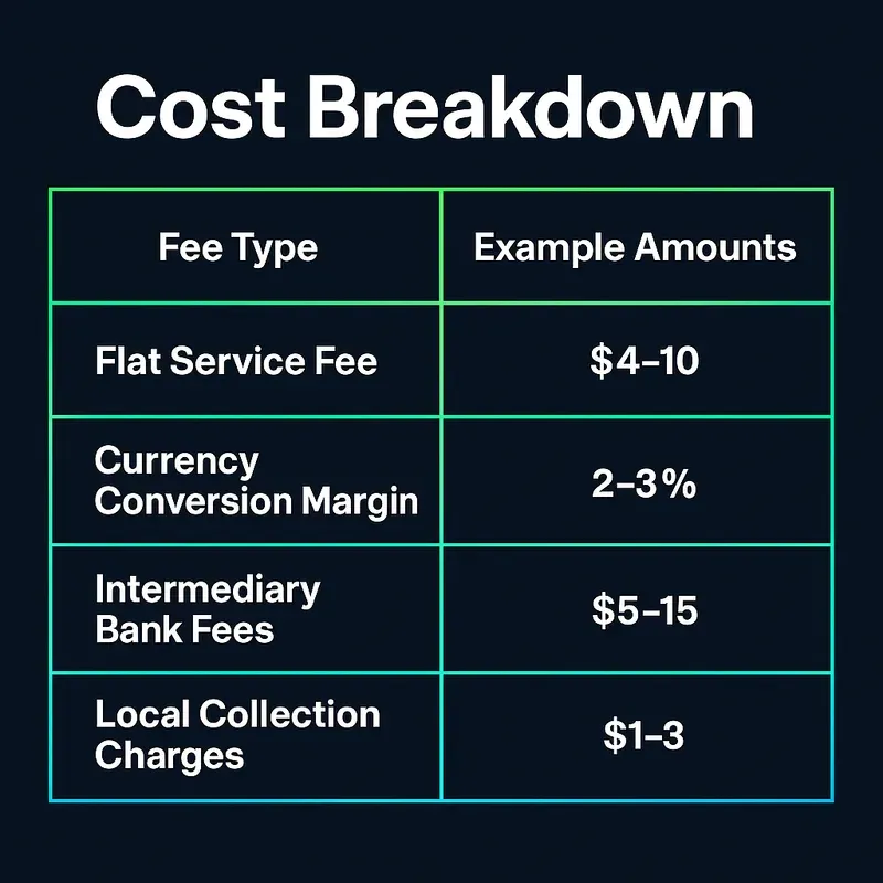 Dark-themed infographic showing 2025 remittance fee types and amounts in bold contrast text for easy reading.
