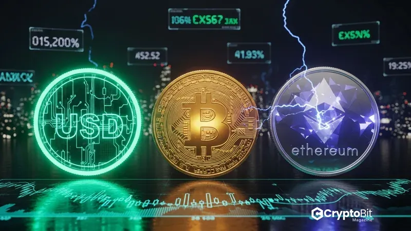 Cyberpunk-style scene of three large coins: neon-green glowing USD stablecoin, golden Bitcoin, and violet-blue Ethereum, standing on a reflective black floor with projected global market graphs and holographic exchange tickers in a futuristic night cityscape.