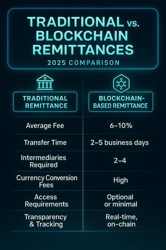 Digital infographic comparing traditional remittance and blockchain-based remittance in 2025, highlighting differences in fees, transfer time, intermediaries, currency conversion costs, access requirements, and transparency.