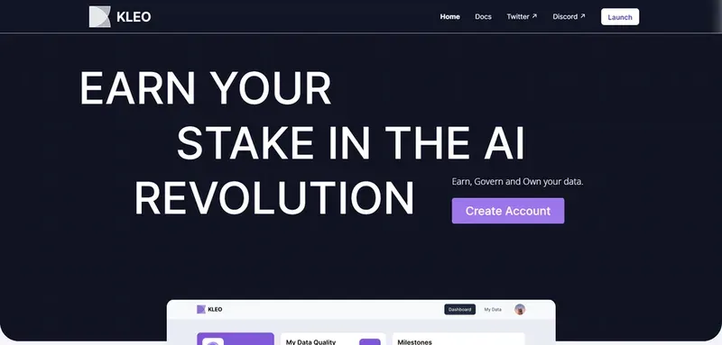 Kleo website screenshot with “Earn Your Stake in the AI Revolution” headline and navigation links on a dark purple background.