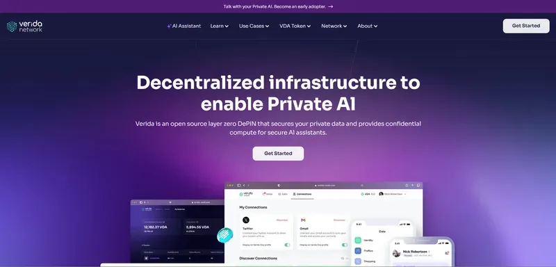 Verida homepage with "Decentralized infrastructure for Private AI" headline and three device mockups below.