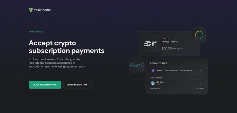 Yoki Finance site showing crypto subscription options, wallet info, and a $50/month plan on a dark interface.