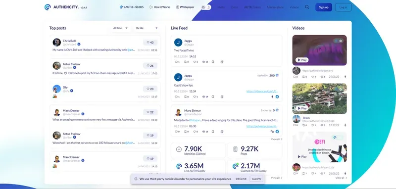Authenticity platform UI with light blue logo, top nav, columns for top posts, live feed, videos, and a blue sign-up button.