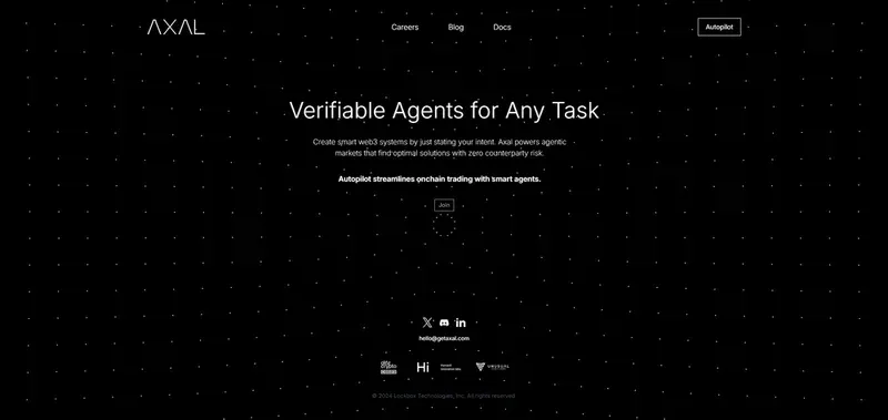 Axal homepage with “Verifiable Agents for Any Task” headline, Autopilot button, social icons, and partner logos.