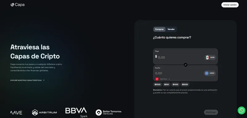 Capa crypto platform screenshot with Spanish text, buy/sell form for MXN and USDC, partner logos, and dark interface.