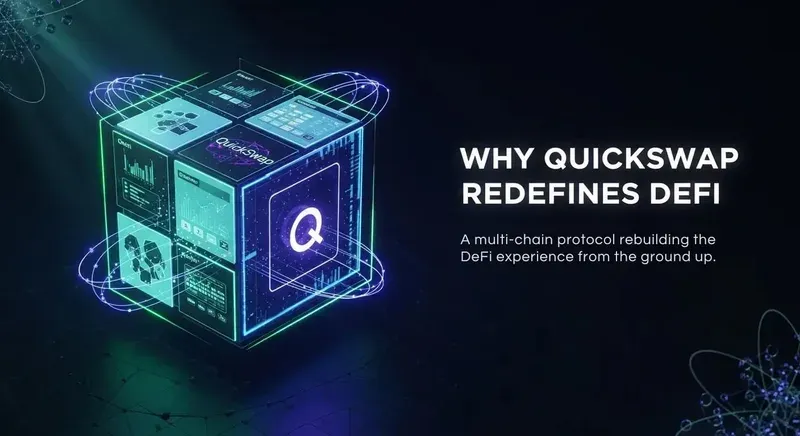 Glowing neon cube with digital panels and the QuickSwap logo, showcasing graphs and network interfaces, set against a dark background with light trails and orbital data paths