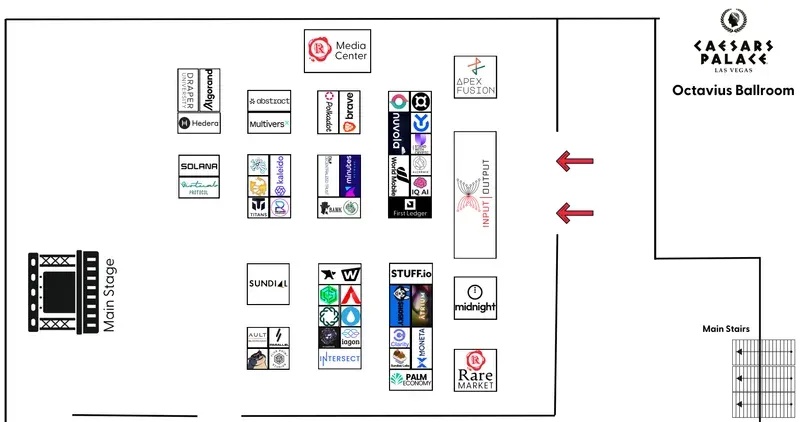 Bird's-eye view floor plan of the Octavius Ballroom at Caesars Palace Las Vegas, showing exhibitor booths, main stage, media center, and entrance layout for rare evo 2025 blockchain conference.