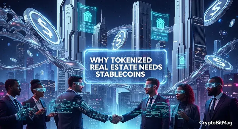 Boardroom-to-blockchain handshake with flowing digital dollars and compliance HUDs, highlighting speed, lower costs, and global access.
