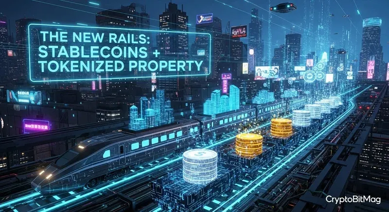 Futuristic city with neon railways transporting stacks of tokenized dollars; HUD title “The New Rails: Stablecoins + Tokenized Property.”