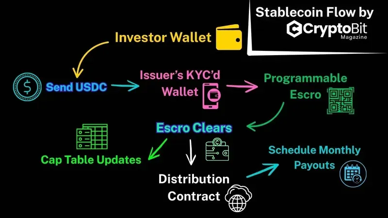 Stablecoin flow chart: investor wallet sends USDC to issuer’s KYC’d wallet → programmable escrow clears → cap table updates → distribution contract schedules monthly payouts.