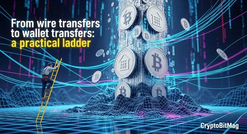 Visual upgrade path from legacy wiring to wallet rails—technician ascends as network lines replace old payment infrastructure.
