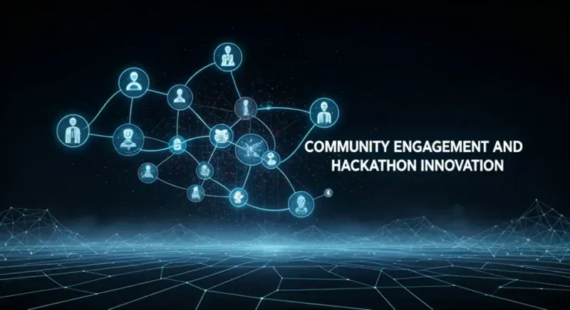 A vibrant human network emerges from glowing nodes and collaborative paths, symbolizing builders and community energy. Light pulses move between participants, expressing co-creation and rapid prototyping. The bold headline on the right makes the visual perfect for hackathons and innovation showcases.