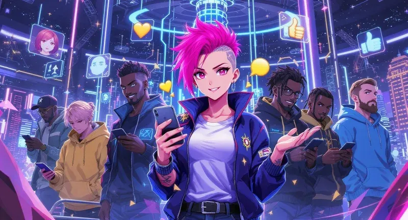 Futuristic cyberpunk group with pink-haired woman and diverse men using smartphones amid neon social icons